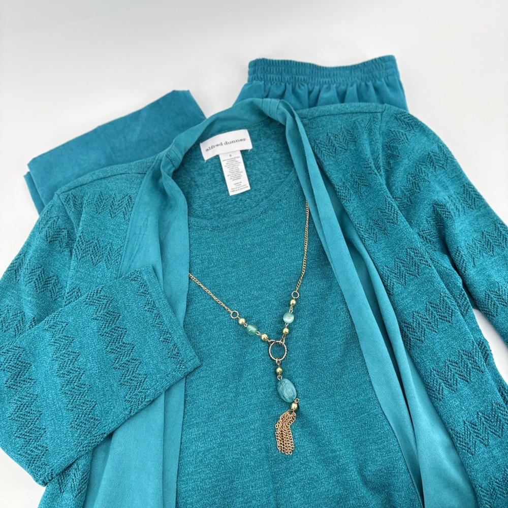 Alfred Dunner‎ Teal Blue Textured Knit Cardigan Pants Set Women's Size 8